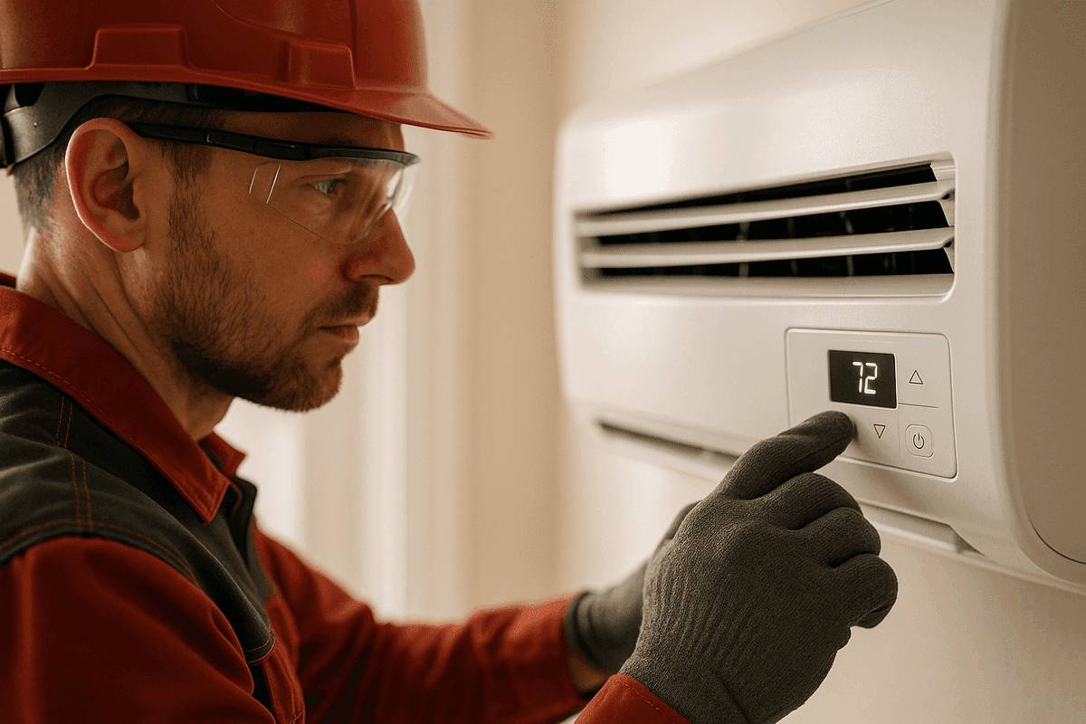 Close-up of gloved hands adjusting residential air conditioning control panel with safety gear